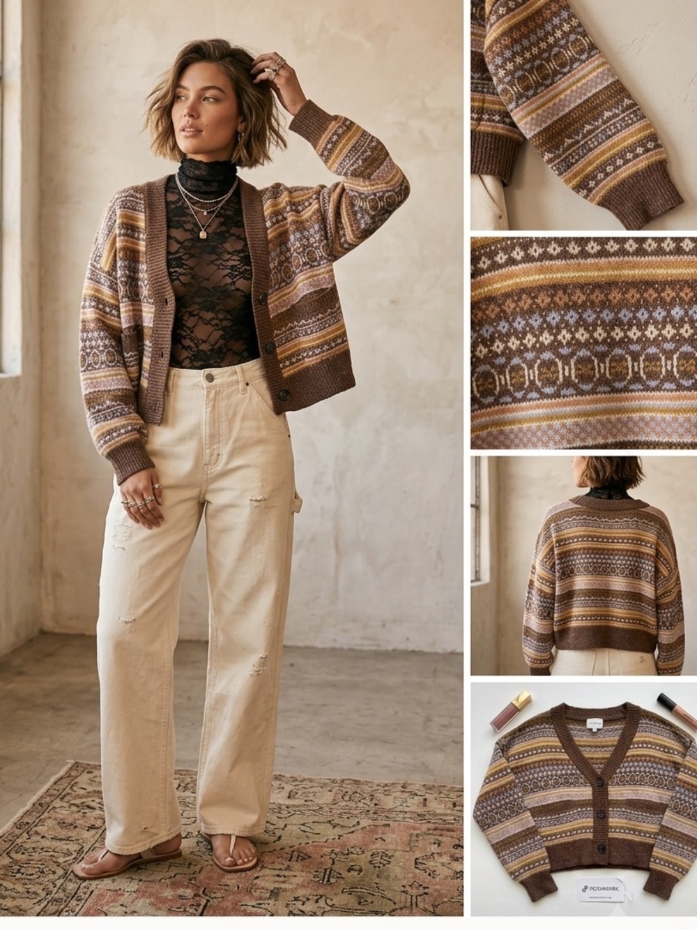 Pink Rose Oversized Cropped Fair Isle Cardigan Sweater - Brown Mix Size Large
